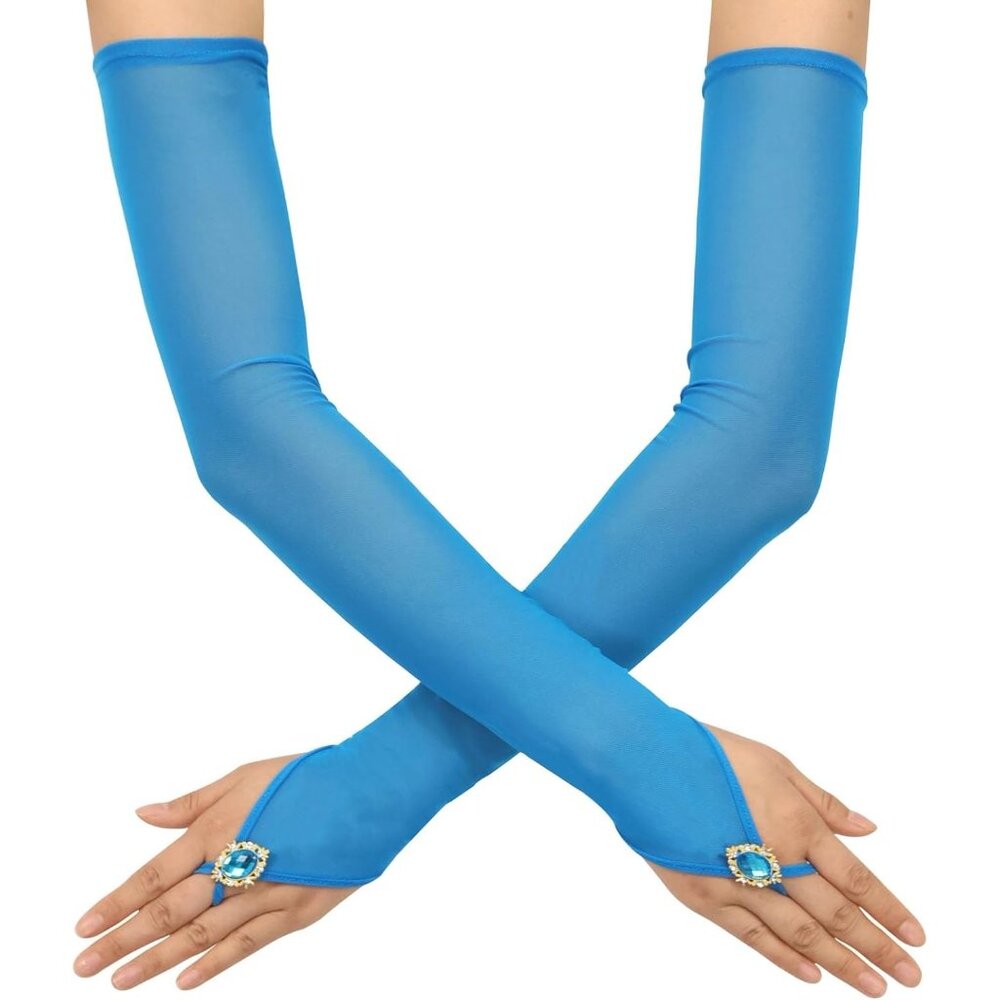 Women's Baby Blue Long Fabric Finger Loop Gloves Bridal Wedding Party Costume
